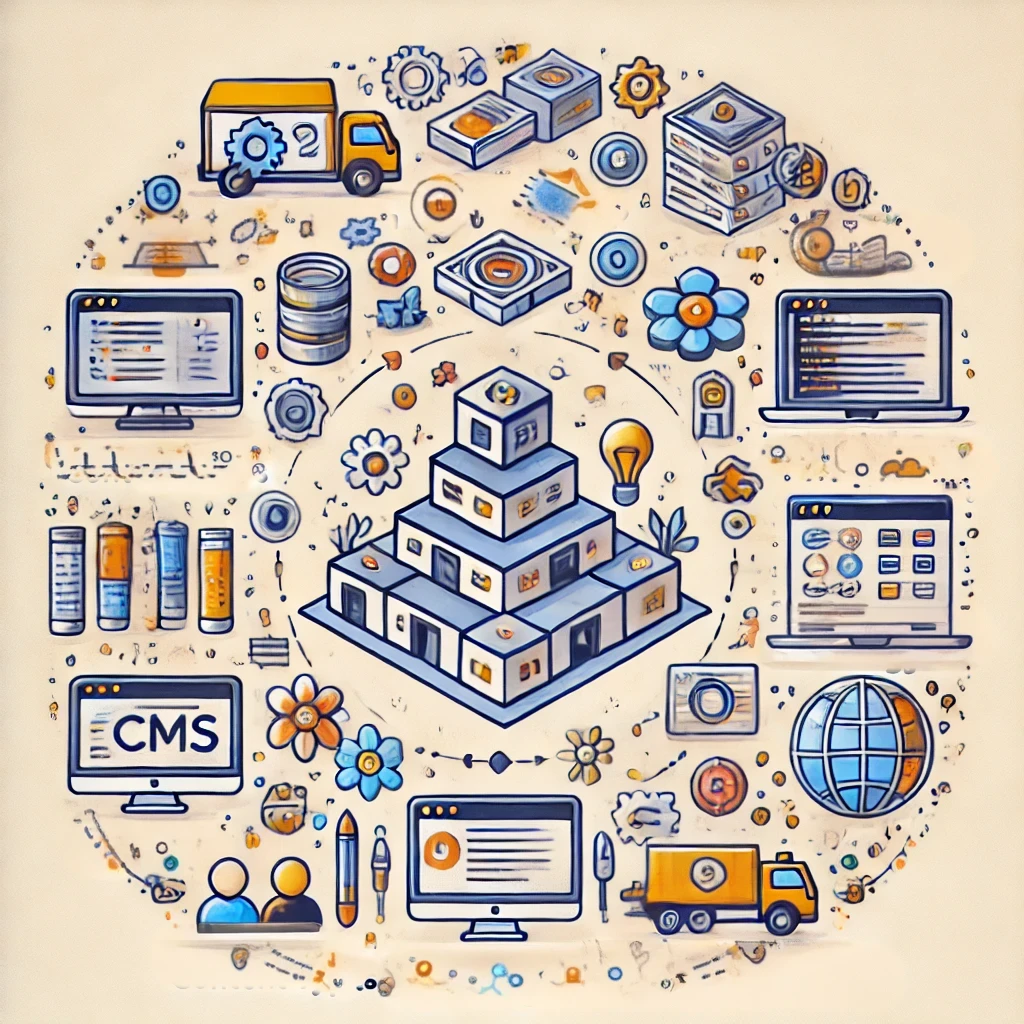 DALL·E 2024 06 27 20.09.23 An Image Illustrating The Development Process Of A CMS (Content Management System) Without Any Text. The Image Should Be Divided Into Several Sections