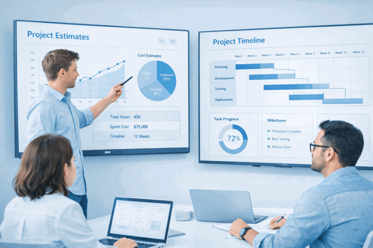 Software Development Team Reviewing Project Estimates On Digital Screens With Charts And Timelines