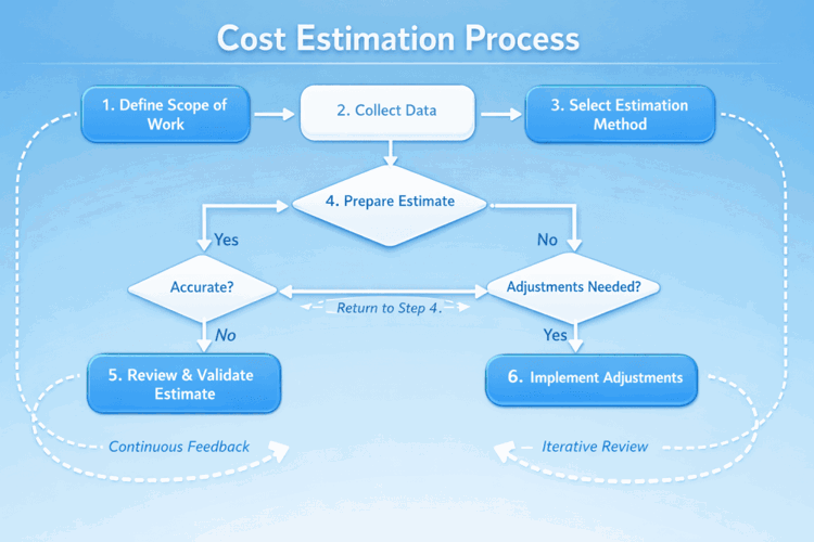 Flowchart Showing The Six Step Cost Estimation Process With Decision Points And Feedback Loops