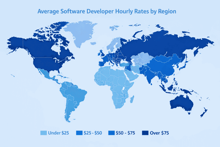World Map Showing Average Software Developer Hourly Rates By Region With Color Coded Pricing Tiers